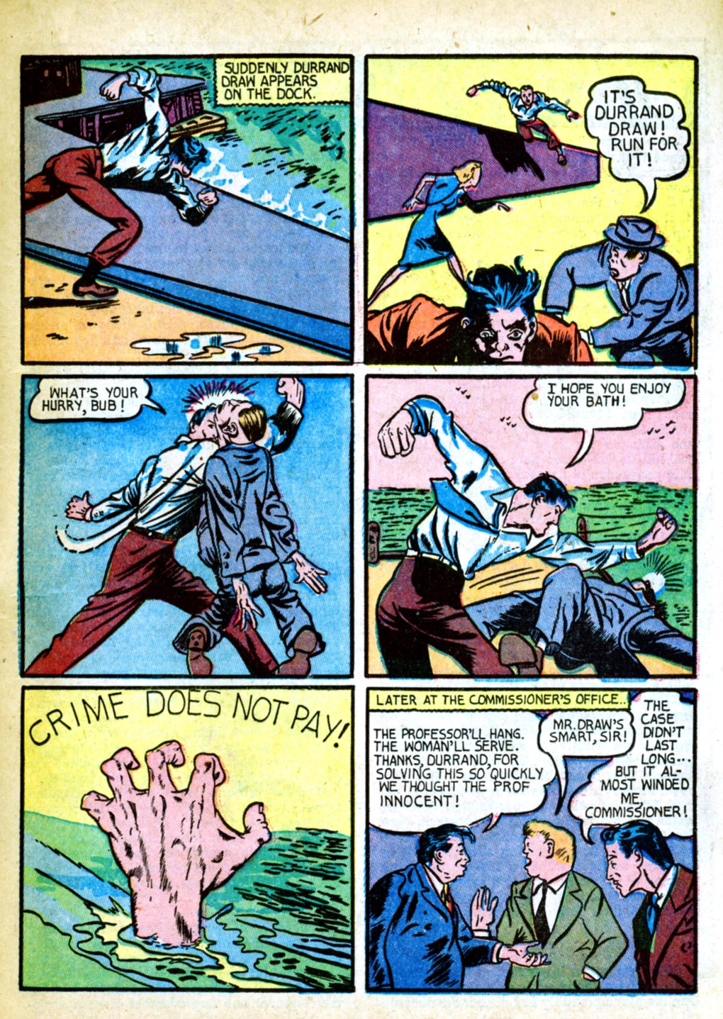 Blue Beetle (Fox / Dan Garrett), page 30. Blue Beetle (Dan Garrett). Public domain in the United States for Fox/Holyoke-era issues. Not Charlton or DC. Internet Archive folkscanomy scans used when Comic Book Plus returns 403.