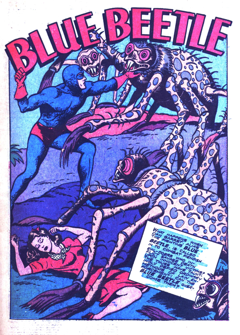 Blue Beetle (Fox / Dan Garrett), page 4. Blue Beetle (Dan Garrett). Public domain in the United States for Fox/Holyoke-era issues. Not Charlton or DC. Internet Archive folkscanomy scans used when Comic Book Plus returns 403.