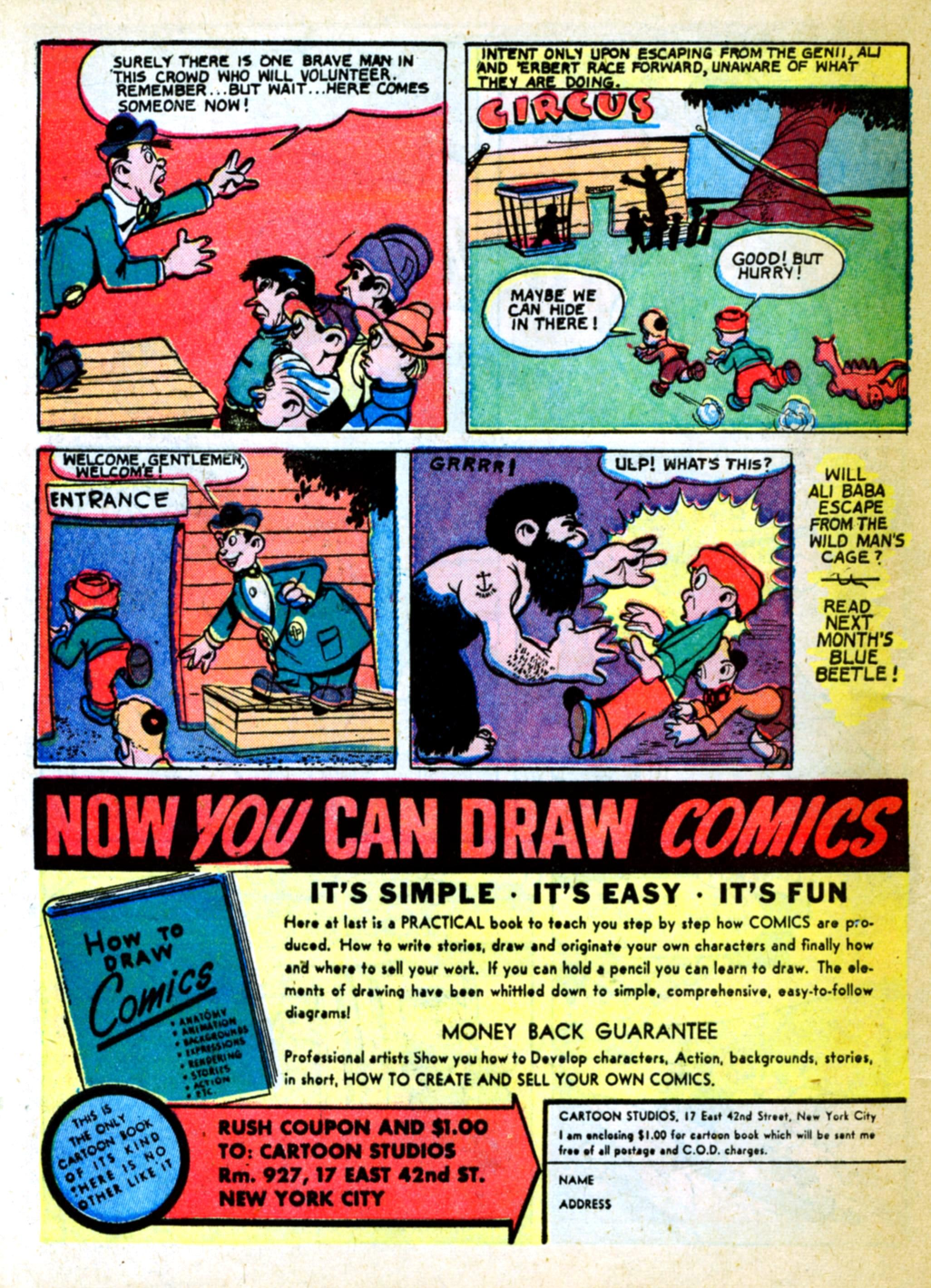 Blue Beetle (Fox / Dan Garrett), page 53. Blue Beetle (Dan Garrett). Public domain in the United States for Fox/Holyoke-era issues. Not Charlton or DC. Internet Archive folkscanomy scans used when Comic Book Plus returns 403.