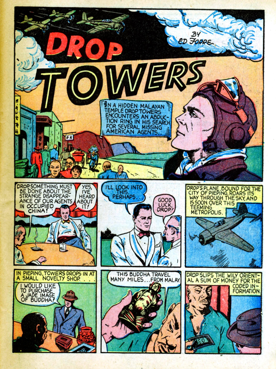 Blue Beetle (Fox / Dan Garrett), page 54. Blue Beetle (Dan Garrett). Public domain in the United States for Fox/Holyoke-era issues. Not Charlton or DC. Internet Archive folkscanomy scans used when Comic Book Plus returns 403.