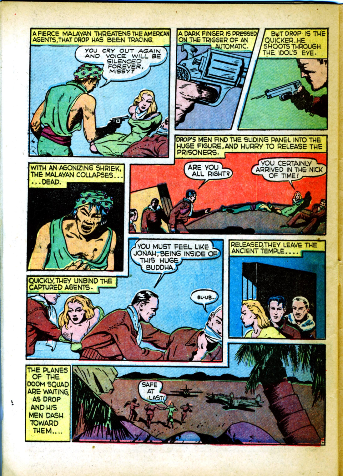 Blue Beetle (Fox / Dan Garrett), page 57. Blue Beetle (Dan Garrett). Public domain in the United States for Fox/Holyoke-era issues. Not Charlton or DC. Internet Archive folkscanomy scans used when Comic Book Plus returns 403.