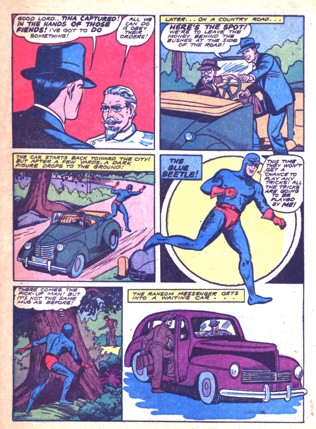 Blue Beetle (Fox / Dan Garrett), page 10. Blue Beetle (Dan Garrett). Public domain in the United States for Fox/Holyoke-era issues. Not Charlton or DC. Internet Archive folkscanomy scans used when Comic Book Plus returns 403.