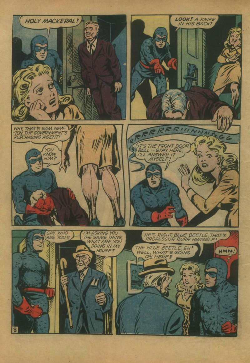 Blue Beetle (Fox / Dan Garrett), page 11. Blue Beetle (Dan Garrett). Public domain in the United States for Fox/Holyoke-era issues. Not Charlton or DC. Internet Archive folkscanomy scans used when Comic Book Plus returns 403.
