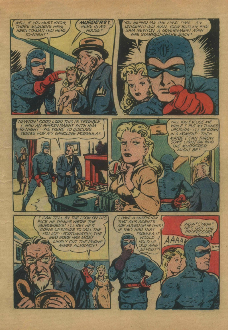 Blue Beetle (Fox / Dan Garrett), page 12. Blue Beetle (Dan Garrett). Public domain in the United States for Fox/Holyoke-era issues. Not Charlton or DC. Internet Archive folkscanomy scans used when Comic Book Plus returns 403.