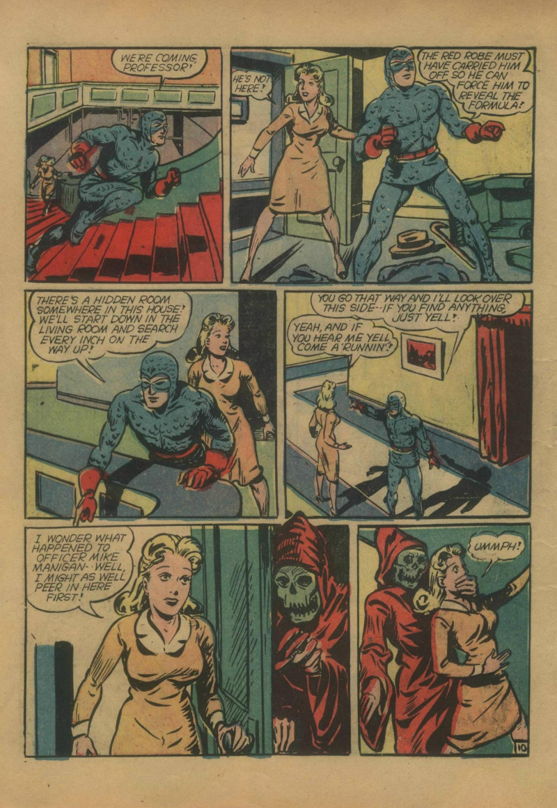 Blue Beetle (Fox / Dan Garrett), page 13. Blue Beetle (Dan Garrett). Public domain in the United States for Fox/Holyoke-era issues. Not Charlton or DC. Internet Archive folkscanomy scans used when Comic Book Plus returns 403.