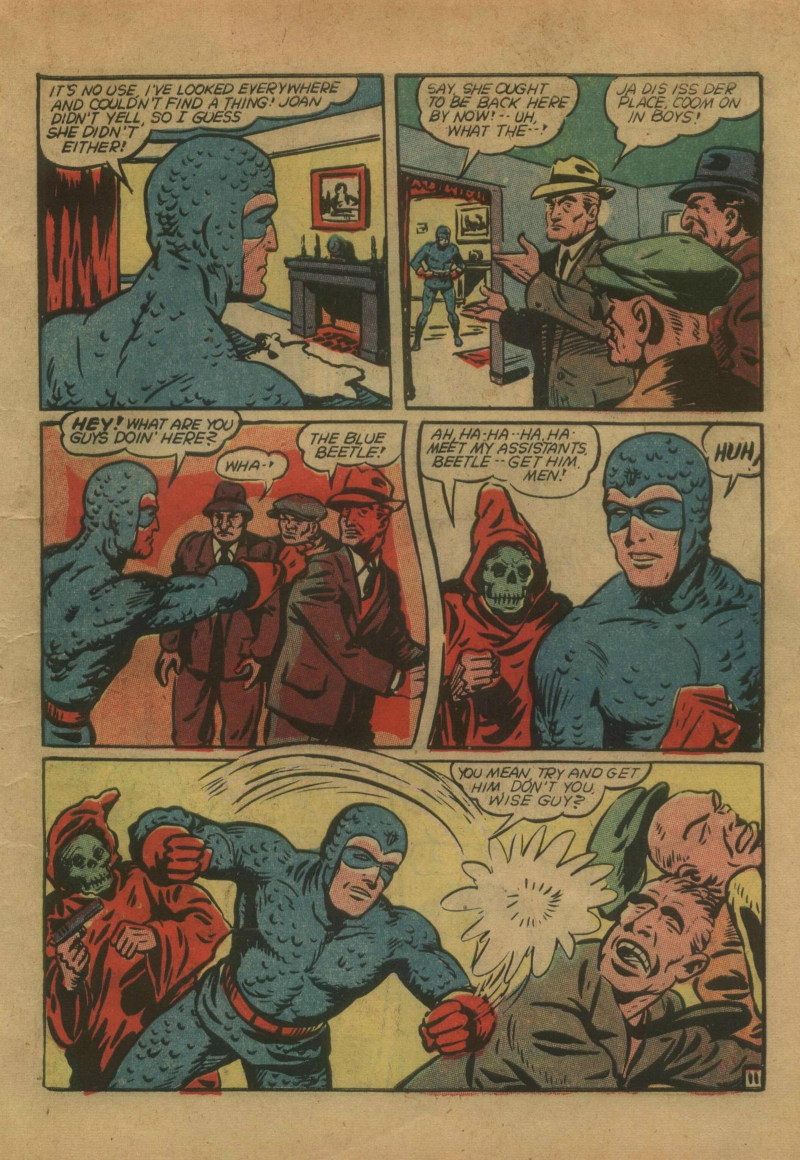 Blue Beetle (Fox / Dan Garrett), page 14. Blue Beetle (Dan Garrett). Public domain in the United States for Fox/Holyoke-era issues. Not Charlton or DC. Internet Archive folkscanomy scans used when Comic Book Plus returns 403.