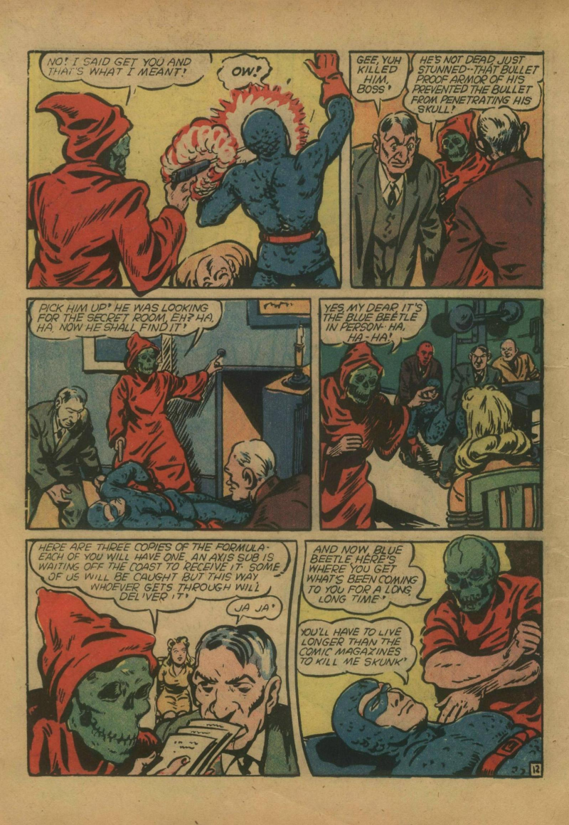 Blue Beetle (Fox / Dan Garrett), page 15. Blue Beetle (Dan Garrett). Public domain in the United States for Fox/Holyoke-era issues. Not Charlton or DC. Internet Archive folkscanomy scans used when Comic Book Plus returns 403.