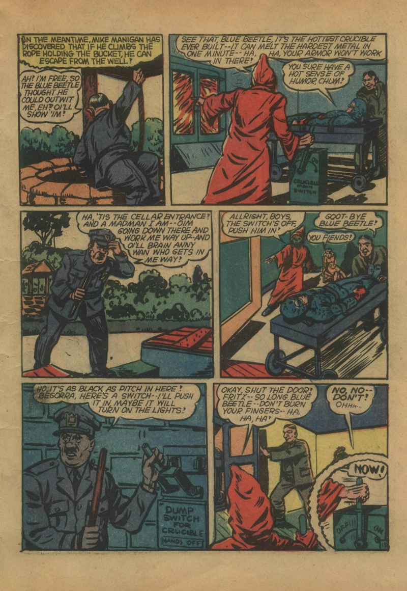 Blue Beetle (Fox / Dan Garrett), page 16. Blue Beetle (Dan Garrett). Public domain in the United States for Fox/Holyoke-era issues. Not Charlton or DC. Internet Archive folkscanomy scans used when Comic Book Plus returns 403.