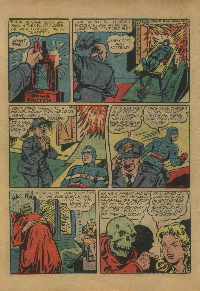 Blue Beetle (Fox / Dan Garrett), page 17. Blue Beetle (Dan Garrett). Public domain in the United States for Fox/Holyoke-era issues. Not Charlton or DC. Internet Archive folkscanomy scans used when Comic Book Plus returns 403.