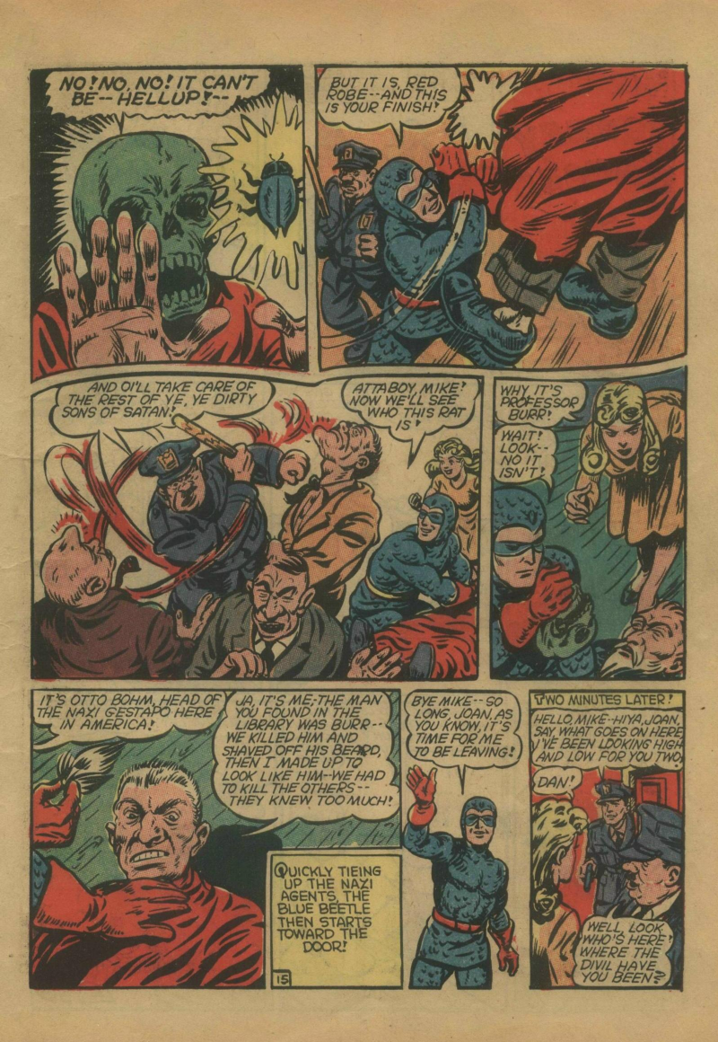 Blue Beetle (Fox / Dan Garrett), page 18. Blue Beetle (Dan Garrett). Public domain in the United States for Fox/Holyoke-era issues. Not Charlton or DC. Internet Archive folkscanomy scans used when Comic Book Plus returns 403.