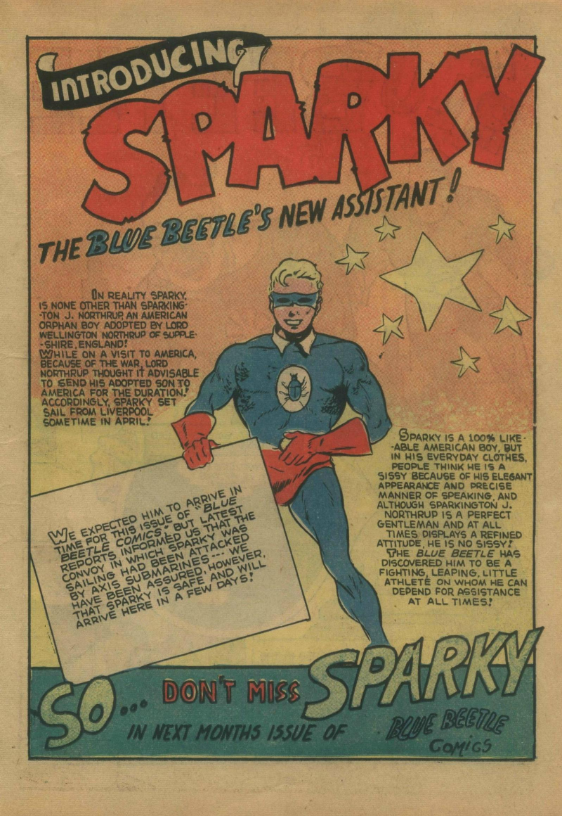 Blue Beetle (Fox / Dan Garrett), page 20. Blue Beetle (Dan Garrett). Public domain in the United States for Fox/Holyoke-era issues. Not Charlton or DC. Internet Archive folkscanomy scans used when Comic Book Plus returns 403.