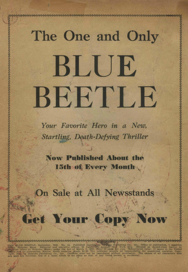 Blue Beetle (Fox / Dan Garrett), page 3. Blue Beetle (Dan Garrett). Public domain in the United States for Fox/Holyoke-era issues. Not Charlton or DC. Internet Archive folkscanomy scans used when Comic Book Plus returns 403.