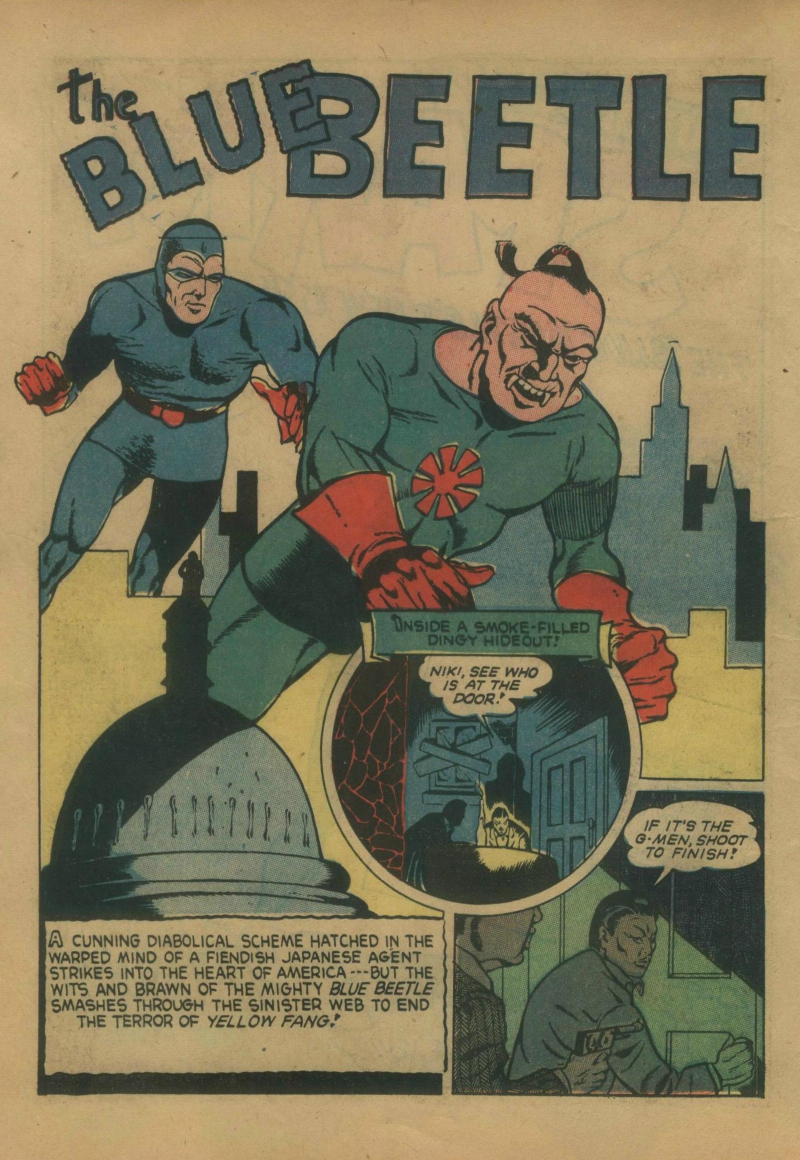 Blue Beetle (Fox / Dan Garrett), page 21. Blue Beetle (Dan Garrett). Public domain in the United States for Fox/Holyoke-era issues. Not Charlton or DC. Internet Archive folkscanomy scans used when Comic Book Plus returns 403.