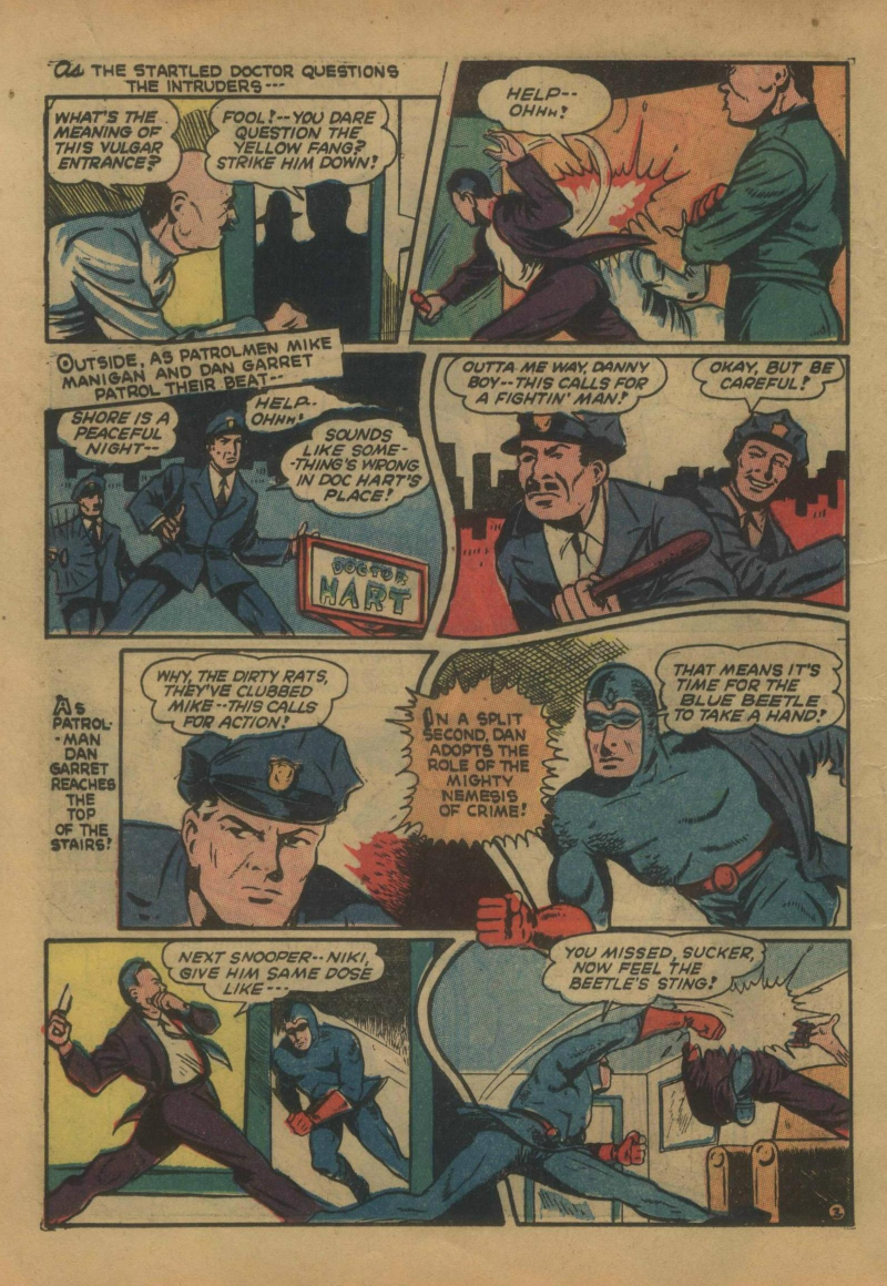Blue Beetle (Fox / Dan Garrett), page 23. Blue Beetle (Dan Garrett). Public domain in the United States for Fox/Holyoke-era issues. Not Charlton or DC. Internet Archive folkscanomy scans used when Comic Book Plus returns 403.