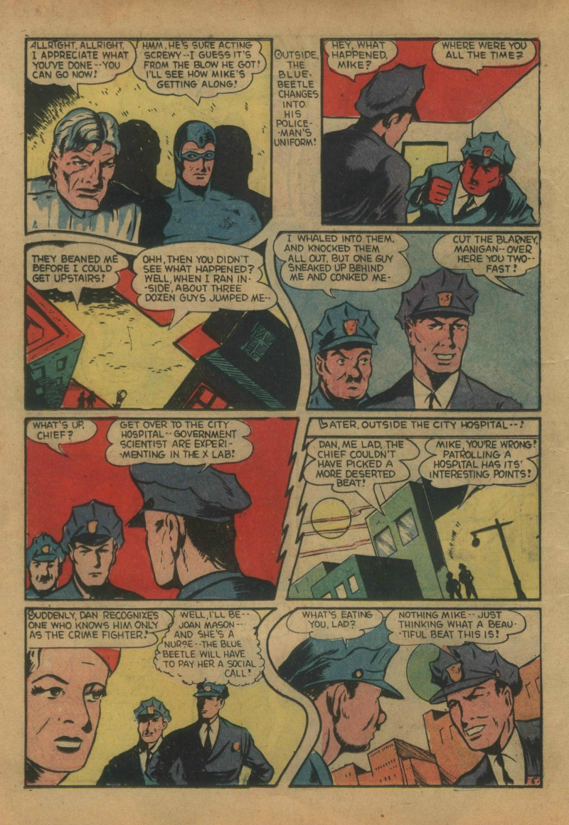 Blue Beetle (Fox / Dan Garrett), page 25. Blue Beetle (Dan Garrett). Public domain in the United States for Fox/Holyoke-era issues. Not Charlton or DC. Internet Archive folkscanomy scans used when Comic Book Plus returns 403.