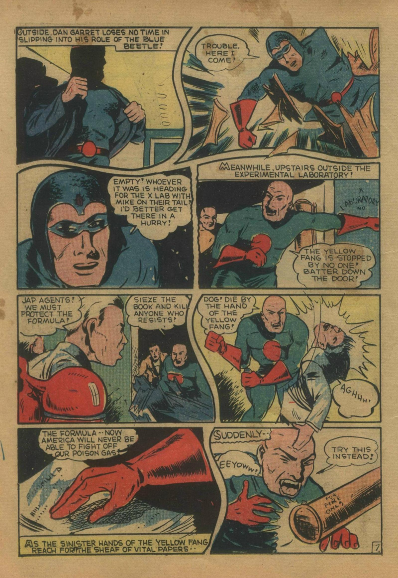 Blue Beetle (Fox / Dan Garrett), page 27. Blue Beetle (Dan Garrett). Public domain in the United States for Fox/Holyoke-era issues. Not Charlton or DC. Internet Archive folkscanomy scans used when Comic Book Plus returns 403.