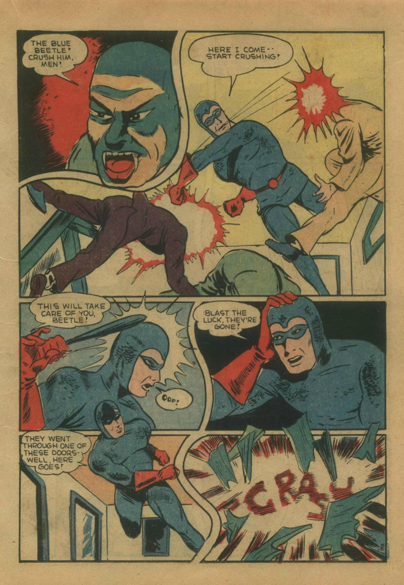 Blue Beetle (Fox / Dan Garrett), page 28. Blue Beetle (Dan Garrett). Public domain in the United States for Fox/Holyoke-era issues. Not Charlton or DC. Internet Archive folkscanomy scans used when Comic Book Plus returns 403.