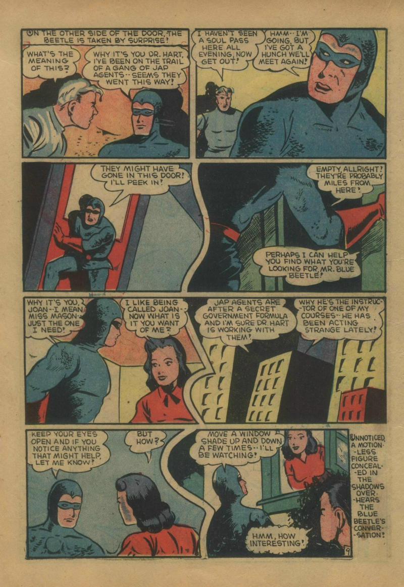 Blue Beetle (Fox / Dan Garrett), page 29. Blue Beetle (Dan Garrett). Public domain in the United States for Fox/Holyoke-era issues. Not Charlton or DC. Internet Archive folkscanomy scans used when Comic Book Plus returns 403.