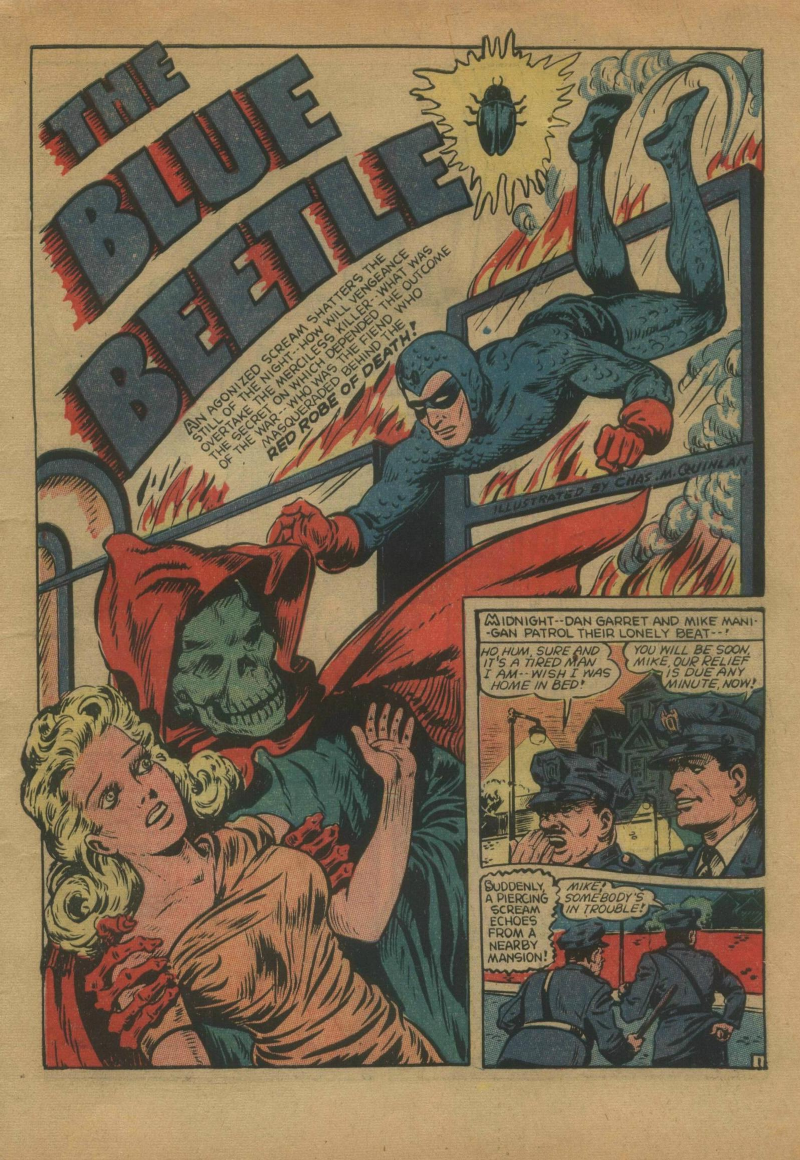 Blue Beetle (Fox / Dan Garrett), page 4. Blue Beetle (Dan Garrett). Public domain in the United States for Fox/Holyoke-era issues. Not Charlton or DC. Internet Archive folkscanomy scans used when Comic Book Plus returns 403.