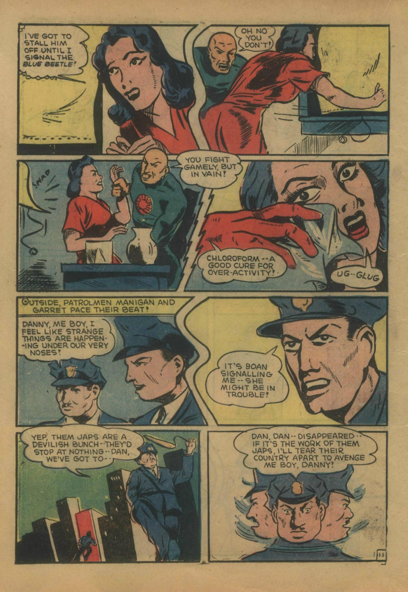 Blue Beetle (Fox / Dan Garrett), page 31. Blue Beetle (Dan Garrett). Public domain in the United States for Fox/Holyoke-era issues. Not Charlton or DC. Internet Archive folkscanomy scans used when Comic Book Plus returns 403.