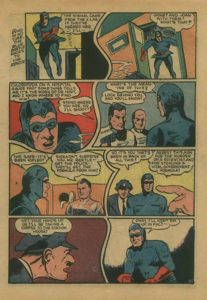 Blue Beetle (Fox / Dan Garrett), page 32. Blue Beetle (Dan Garrett). Public domain in the United States for Fox/Holyoke-era issues. Not Charlton or DC. Internet Archive folkscanomy scans used when Comic Book Plus returns 403.