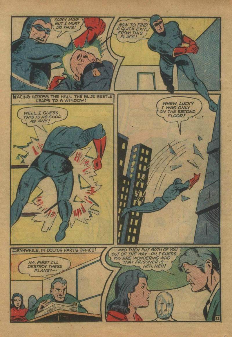 Blue Beetle (Fox / Dan Garrett), page 33. Blue Beetle (Dan Garrett). Public domain in the United States for Fox/Holyoke-era issues. Not Charlton or DC. Internet Archive folkscanomy scans used when Comic Book Plus returns 403.