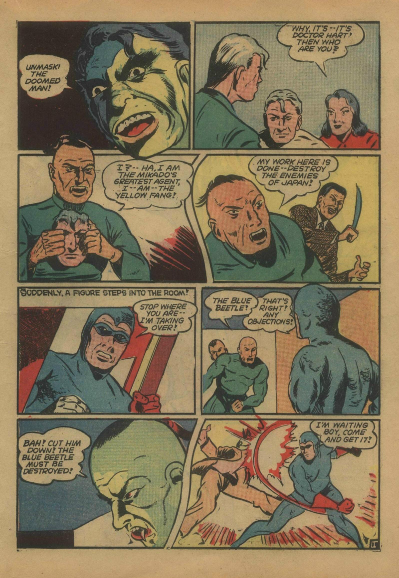 Blue Beetle (Fox / Dan Garrett), page 34. Blue Beetle (Dan Garrett). Public domain in the United States for Fox/Holyoke-era issues. Not Charlton or DC. Internet Archive folkscanomy scans used when Comic Book Plus returns 403.
