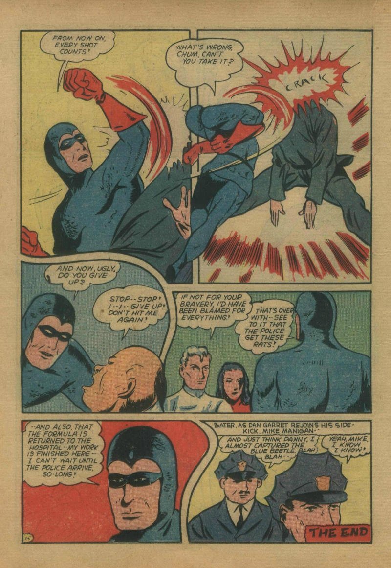 Blue Beetle (Fox / Dan Garrett), page 35. Blue Beetle (Dan Garrett). Public domain in the United States for Fox/Holyoke-era issues. Not Charlton or DC. Internet Archive folkscanomy scans used when Comic Book Plus returns 403.