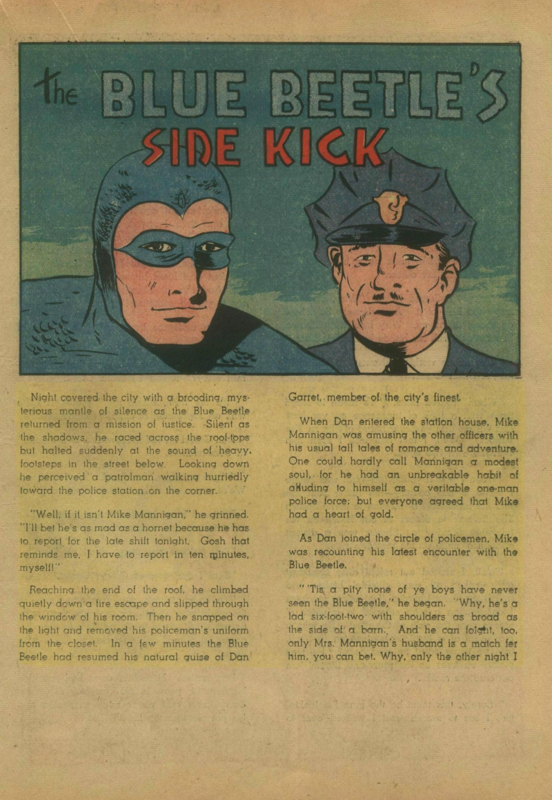 Blue Beetle (Fox / Dan Garrett), page 36. Blue Beetle (Dan Garrett). Public domain in the United States for Fox/Holyoke-era issues. Not Charlton or DC. Internet Archive folkscanomy scans used when Comic Book Plus returns 403.