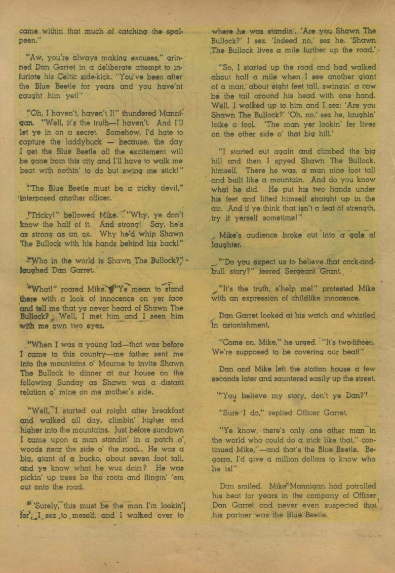 Blue Beetle (Fox / Dan Garrett), page 37. Blue Beetle (Dan Garrett). Public domain in the United States for Fox/Holyoke-era issues. Not Charlton or DC. Internet Archive folkscanomy scans used when Comic Book Plus returns 403.