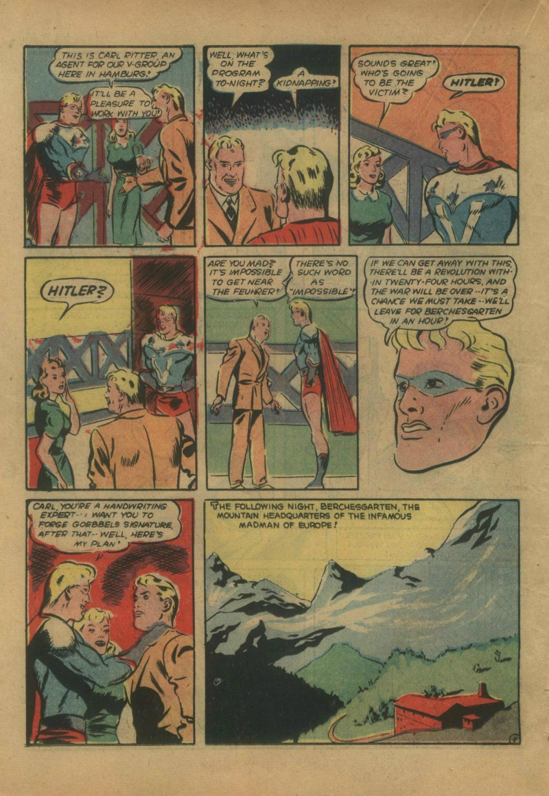 Blue Beetle (Fox / Dan Garrett), page 41. Blue Beetle (Dan Garrett). Public domain in the United States for Fox/Holyoke-era issues. Not Charlton or DC. Internet Archive folkscanomy scans used when Comic Book Plus returns 403.