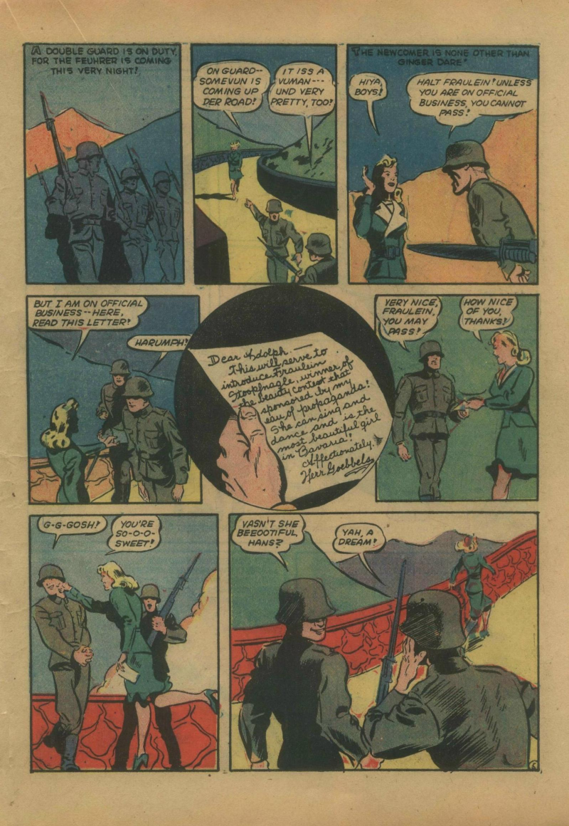 Blue Beetle (Fox / Dan Garrett), page 42. Blue Beetle (Dan Garrett). Public domain in the United States for Fox/Holyoke-era issues. Not Charlton or DC. Internet Archive folkscanomy scans used when Comic Book Plus returns 403.