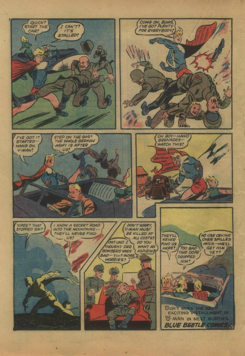 Blue Beetle (Fox / Dan Garrett), page 47. Blue Beetle (Dan Garrett). Public domain in the United States for Fox/Holyoke-era issues. Not Charlton or DC. Internet Archive folkscanomy scans used when Comic Book Plus returns 403.