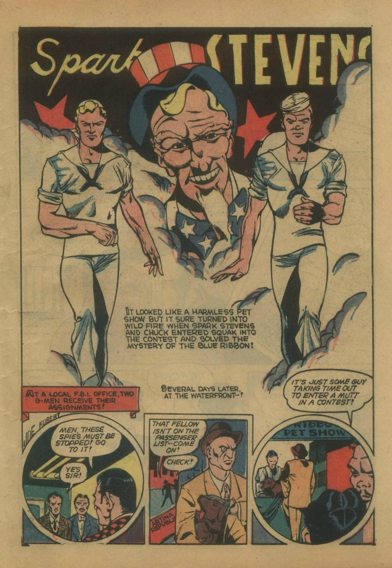 Blue Beetle (Fox / Dan Garrett), page 48. Blue Beetle (Dan Garrett). Public domain in the United States for Fox/Holyoke-era issues. Not Charlton or DC. Internet Archive folkscanomy scans used when Comic Book Plus returns 403.
