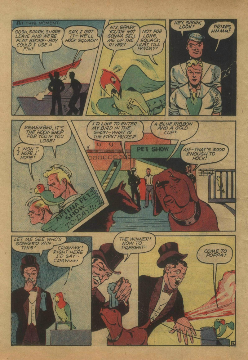 Blue Beetle (Fox / Dan Garrett), page 49. Blue Beetle (Dan Garrett). Public domain in the United States for Fox/Holyoke-era issues. Not Charlton or DC. Internet Archive folkscanomy scans used when Comic Book Plus returns 403.