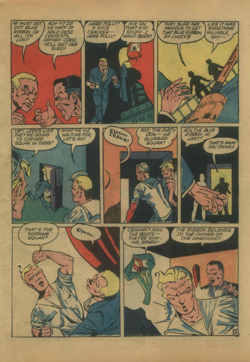 Blue Beetle (Fox / Dan Garrett), page 50. Blue Beetle (Dan Garrett). Public domain in the United States for Fox/Holyoke-era issues. Not Charlton or DC. Internet Archive folkscanomy scans used when Comic Book Plus returns 403.