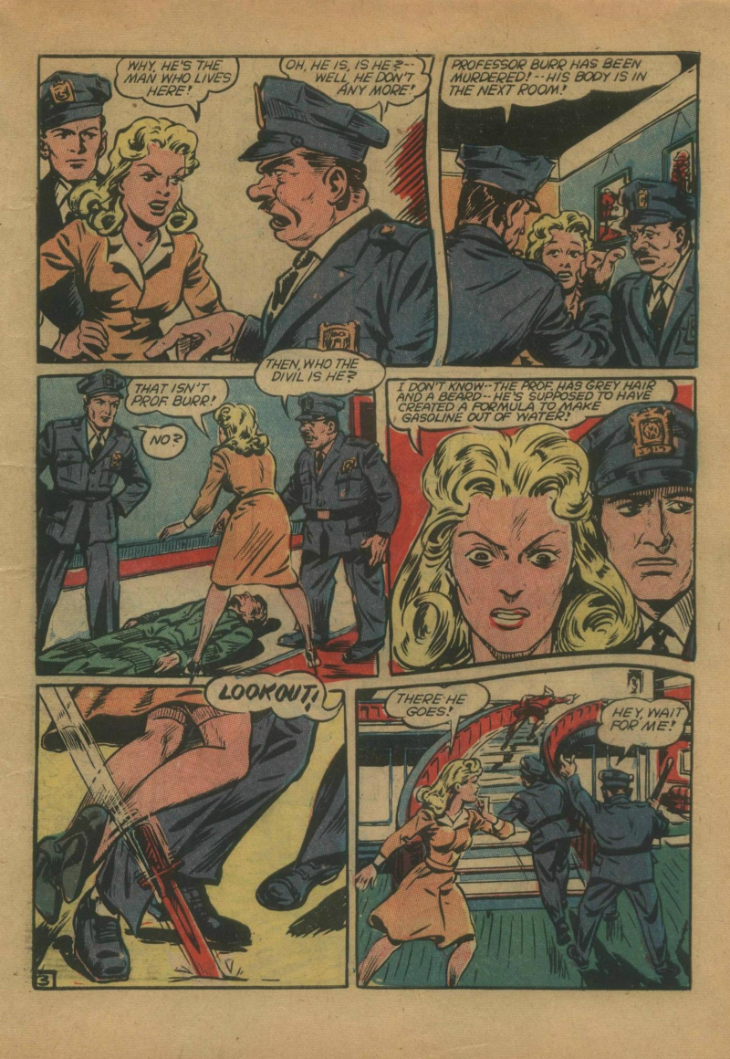 Blue Beetle (Fox / Dan Garrett), page 6. Blue Beetle (Dan Garrett). Public domain in the United States for Fox/Holyoke-era issues. Not Charlton or DC. Internet Archive folkscanomy scans used when Comic Book Plus returns 403.