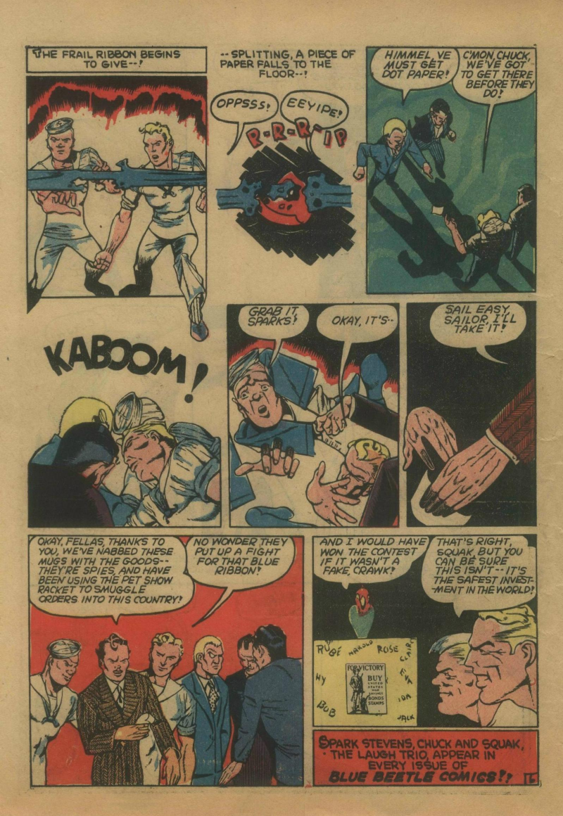 Blue Beetle (Fox / Dan Garrett), page 53. Blue Beetle (Dan Garrett). Public domain in the United States for Fox/Holyoke-era issues. Not Charlton or DC. Internet Archive folkscanomy scans used when Comic Book Plus returns 403.