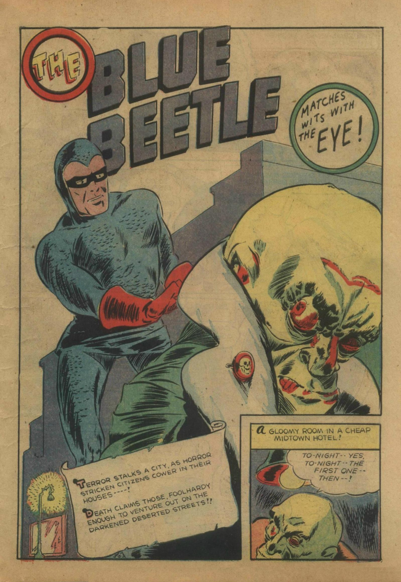 Blue Beetle (Fox / Dan Garrett), page 54. Blue Beetle (Dan Garrett). Public domain in the United States for Fox/Holyoke-era issues. Not Charlton or DC. Internet Archive folkscanomy scans used when Comic Book Plus returns 403.