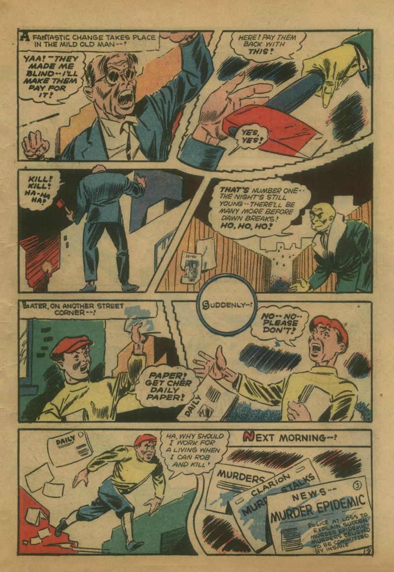 Blue Beetle (Fox / Dan Garrett), page 56. Blue Beetle (Dan Garrett). Public domain in the United States for Fox/Holyoke-era issues. Not Charlton or DC. Internet Archive folkscanomy scans used when Comic Book Plus returns 403.