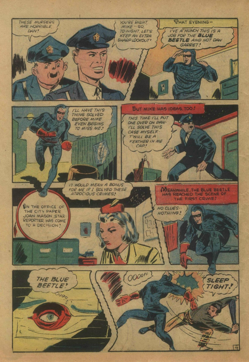 Blue Beetle (Fox / Dan Garrett), page 57. Blue Beetle (Dan Garrett). Public domain in the United States for Fox/Holyoke-era issues. Not Charlton or DC. Internet Archive folkscanomy scans used when Comic Book Plus returns 403.
