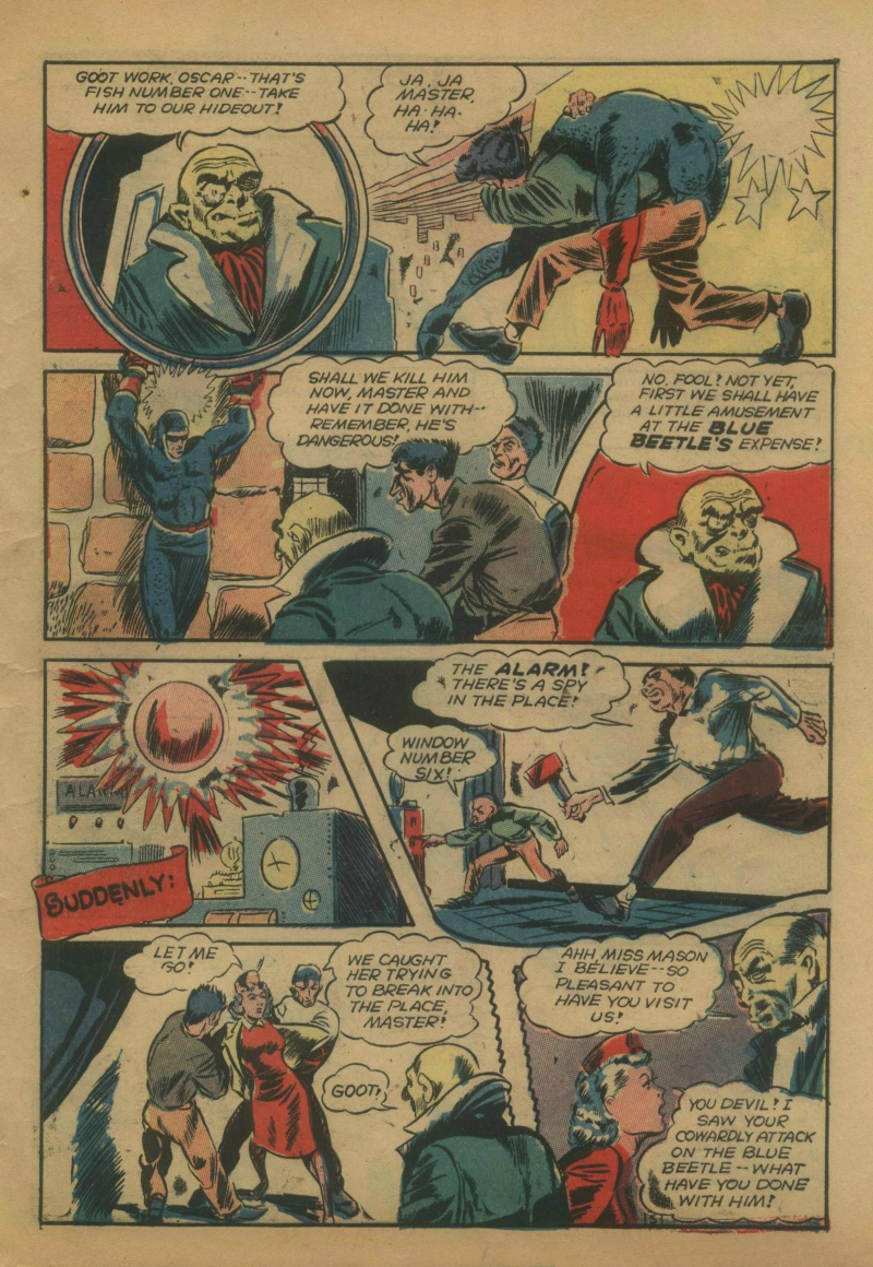 Blue Beetle (Fox / Dan Garrett), page 58. Blue Beetle (Dan Garrett). Public domain in the United States for Fox/Holyoke-era issues. Not Charlton or DC. Internet Archive folkscanomy scans used when Comic Book Plus returns 403.