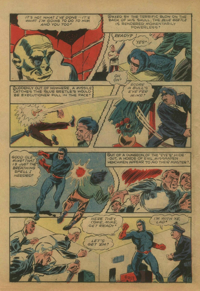 Blue Beetle (Fox / Dan Garrett), page 59. Blue Beetle (Dan Garrett). Public domain in the United States for Fox/Holyoke-era issues. Not Charlton or DC. Internet Archive folkscanomy scans used when Comic Book Plus returns 403.