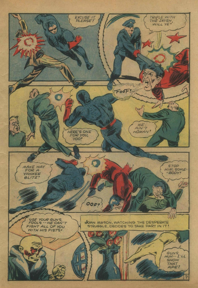 Blue Beetle (Fox / Dan Garrett), page 60. Blue Beetle (Dan Garrett). Public domain in the United States for Fox/Holyoke-era issues. Not Charlton or DC. Internet Archive folkscanomy scans used when Comic Book Plus returns 403.
