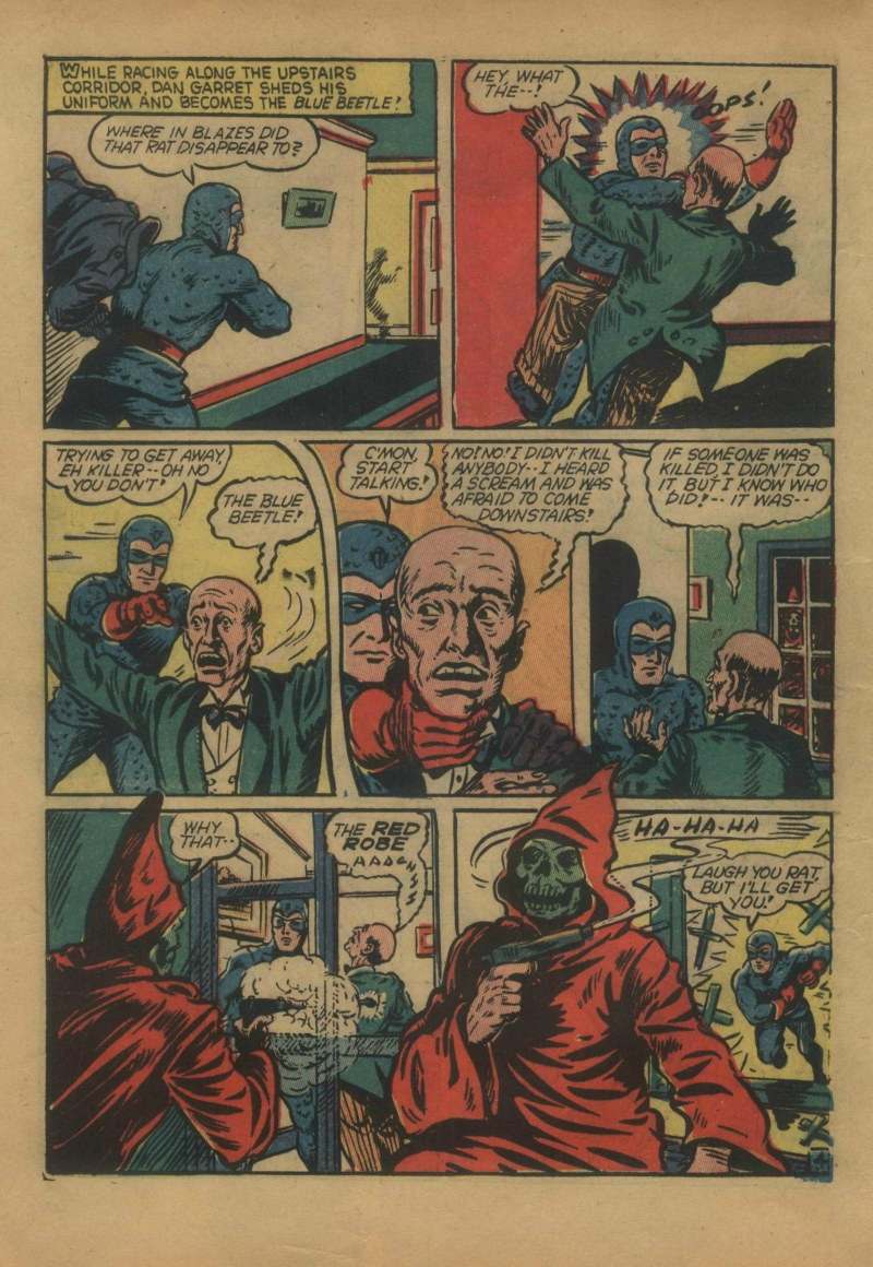 Blue Beetle (Fox / Dan Garrett), page 7. Blue Beetle (Dan Garrett). Public domain in the United States for Fox/Holyoke-era issues. Not Charlton or DC. Internet Archive folkscanomy scans used when Comic Book Plus returns 403.