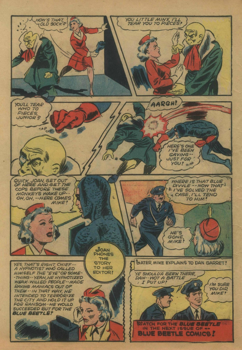 Blue Beetle (Fox / Dan Garrett), page 61. Blue Beetle (Dan Garrett). Public domain in the United States for Fox/Holyoke-era issues. Not Charlton or DC. Internet Archive folkscanomy scans used when Comic Book Plus returns 403.