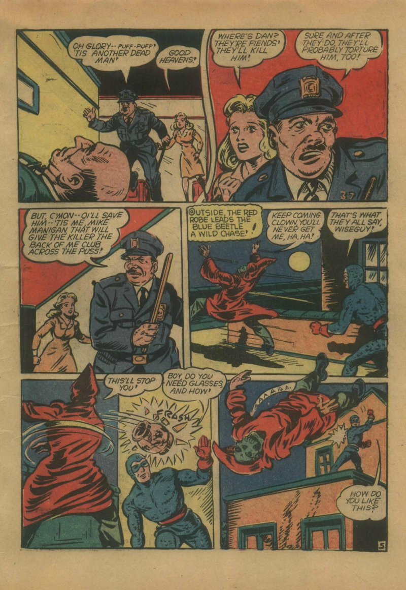 Blue Beetle (Fox / Dan Garrett), page 8. Blue Beetle (Dan Garrett). Public domain in the United States for Fox/Holyoke-era issues. Not Charlton or DC. Internet Archive folkscanomy scans used when Comic Book Plus returns 403.