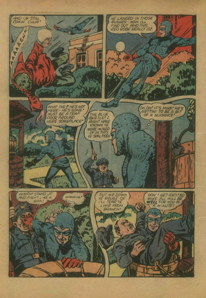 Blue Beetle (Fox / Dan Garrett), page 9. Blue Beetle (Dan Garrett). Public domain in the United States for Fox/Holyoke-era issues. Not Charlton or DC. Internet Archive folkscanomy scans used when Comic Book Plus returns 403.
