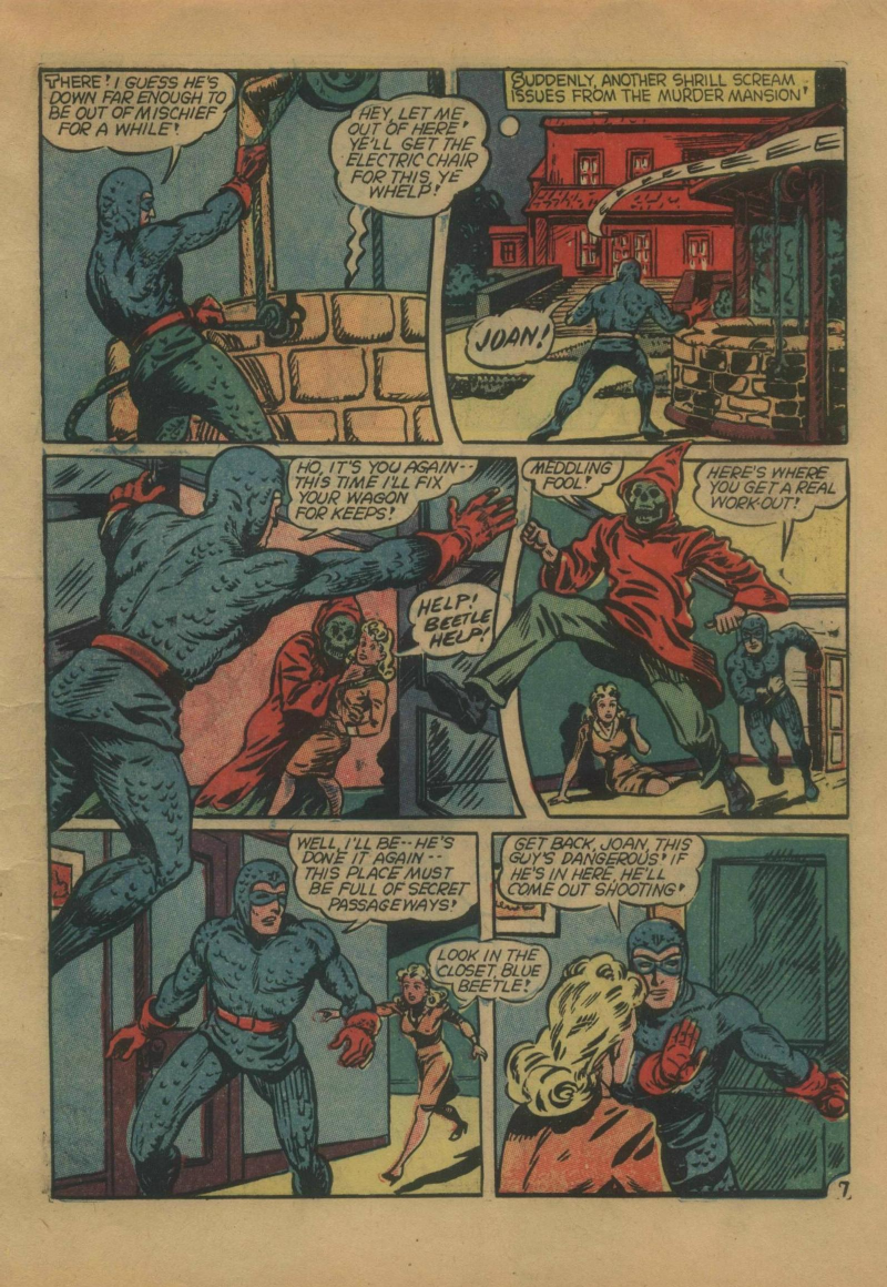 Blue Beetle (Fox / Dan Garrett), page 10. Blue Beetle (Dan Garrett). Public domain in the United States for Fox/Holyoke-era issues. Not Charlton or DC. Internet Archive folkscanomy scans used when Comic Book Plus returns 403.