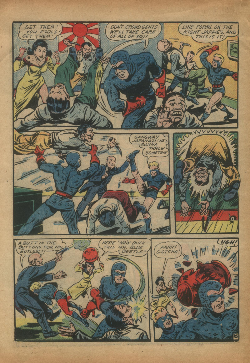 Blue Beetle (Fox / Dan Garrett), page 11. Blue Beetle (Dan Garrett). Public domain in the United States for Fox/Holyoke-era issues. Not Charlton or DC. Internet Archive folkscanomy scans used when Comic Book Plus returns 403.